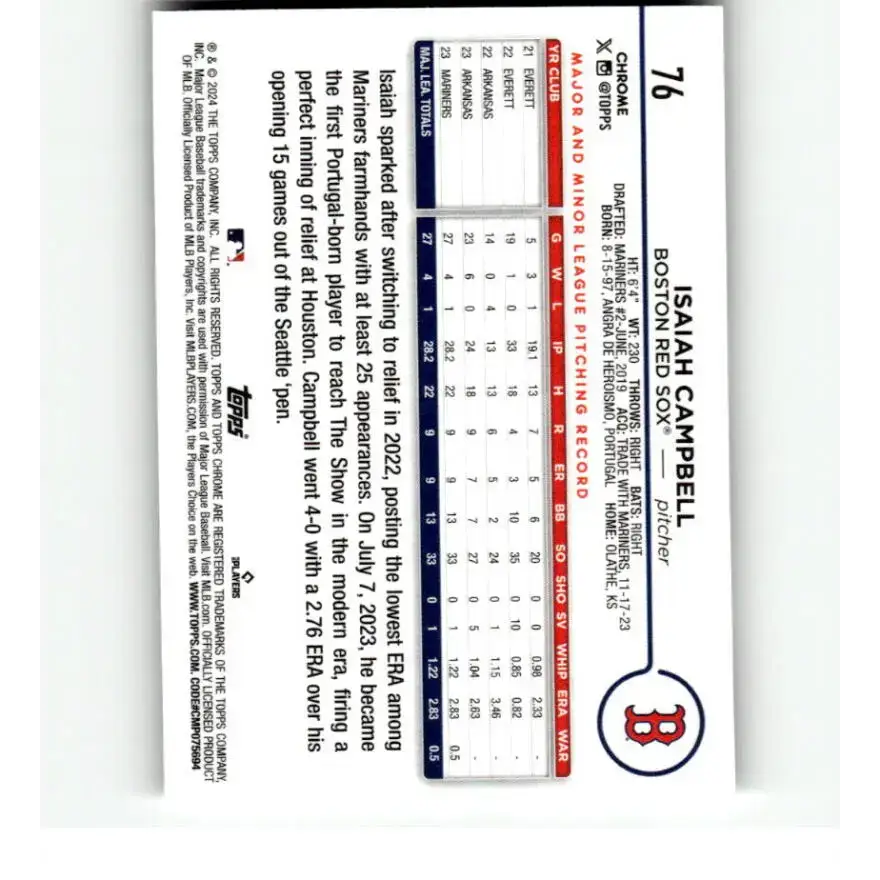 2024 Topps Chrome Refractor RayWave #76 Isaiah Campbell NM-MT RC Rookie Boston Red Sox Baseball Card