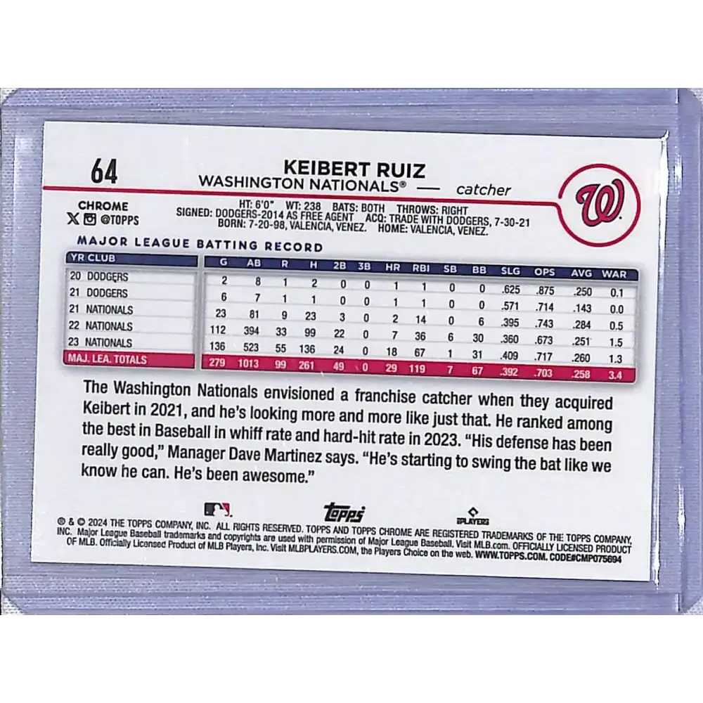 2024 Topps Chrome Refractor RayWave Aqua #64 Keibert Ruiz NM-MT 114/199 Washington Nationals - Baseball Card Single