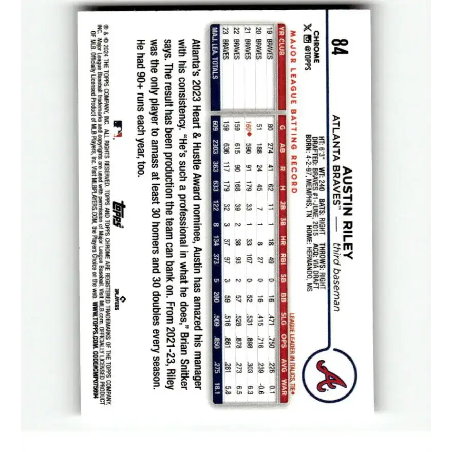2024 Topps Chrome Refractor Sepia #84 Austin Riley NM-MT Atlanta Braves Baseball Card - Baseball Card Single