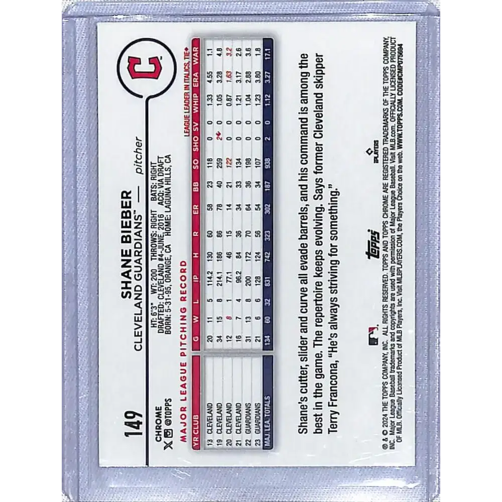 2024 Topps Chrome Refractor Sonar Purple #149 Shane Bieber NM-MT 261/275 Cleveland Guardians Baseball Card - Baseball