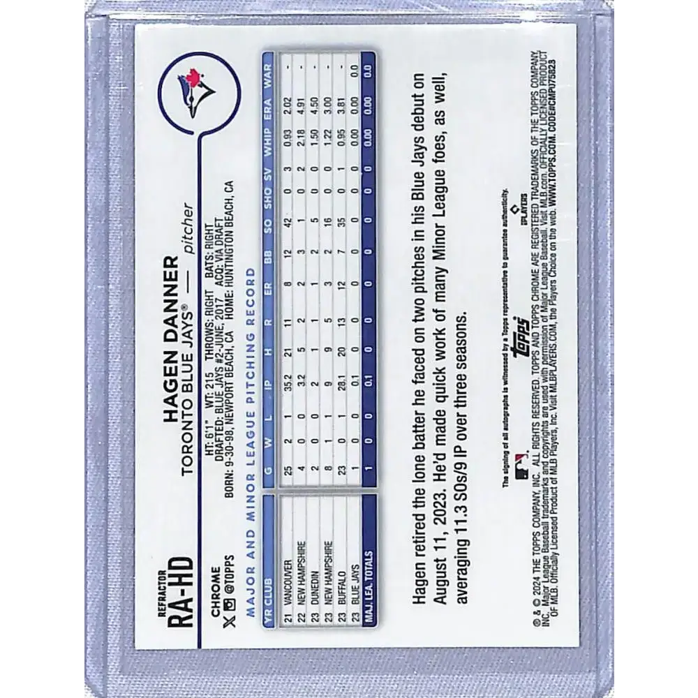 2024 Topps Chrome Rookie Autograph Refractor #RA-HD Hagen Danner NM-MT RC Rookie Auto 241/499 Toronto Blue Jays