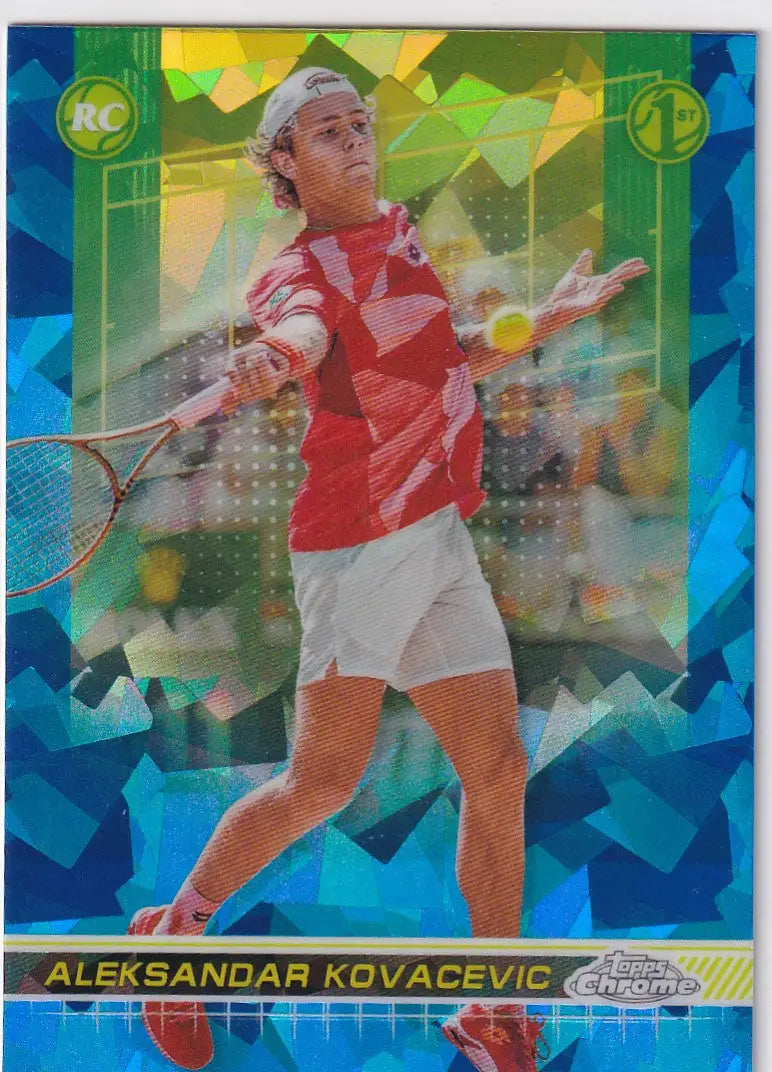 Tennis player in red and white hitting forehand in Topps Chrome Sapphire card