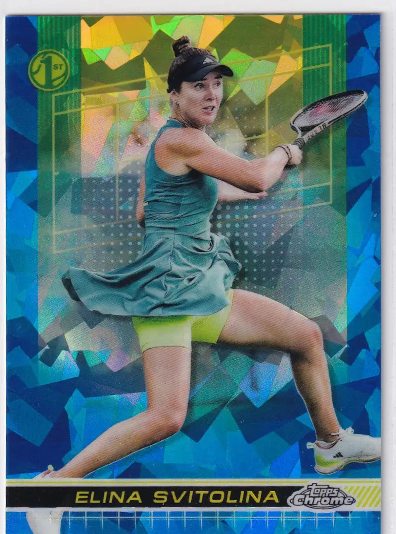 Tennis player in a teal dress performing backhand shot, Topps Chrome Sapphire card