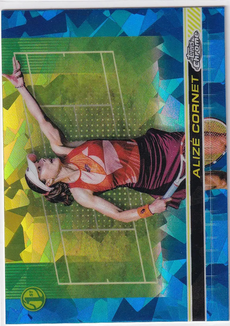 Soccer player in red and black uniform stretching on field for Topps Chrome Sapphire