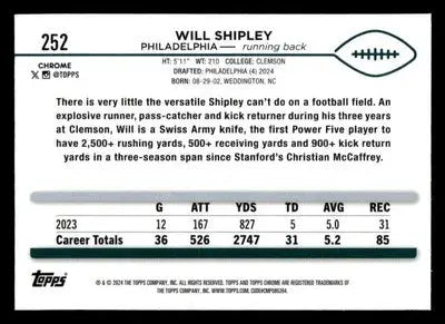 2024 Topps Chrome Sapphire Edition #252 Will Shipley - Football Card Single