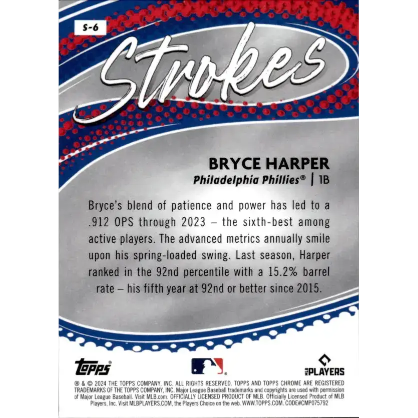 2024 Topps Chrome Strokes Refractor #S-6 Bryce Harper NM-MT Philadelphia Phillies Baseball Card - Baseball Card Single