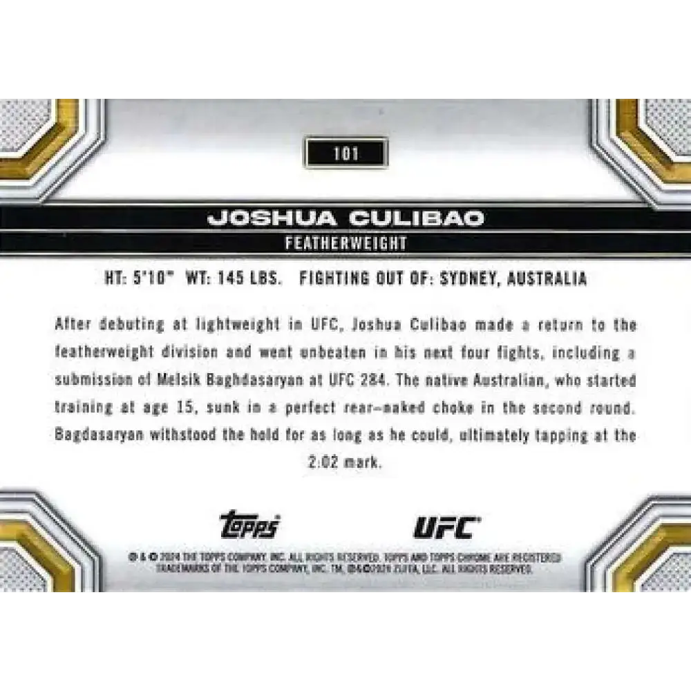 2024 Topps Chrome UFC #101 Joshua Culibao NM-MT RC Rookie MMA Card - UFC/MMA Card Single