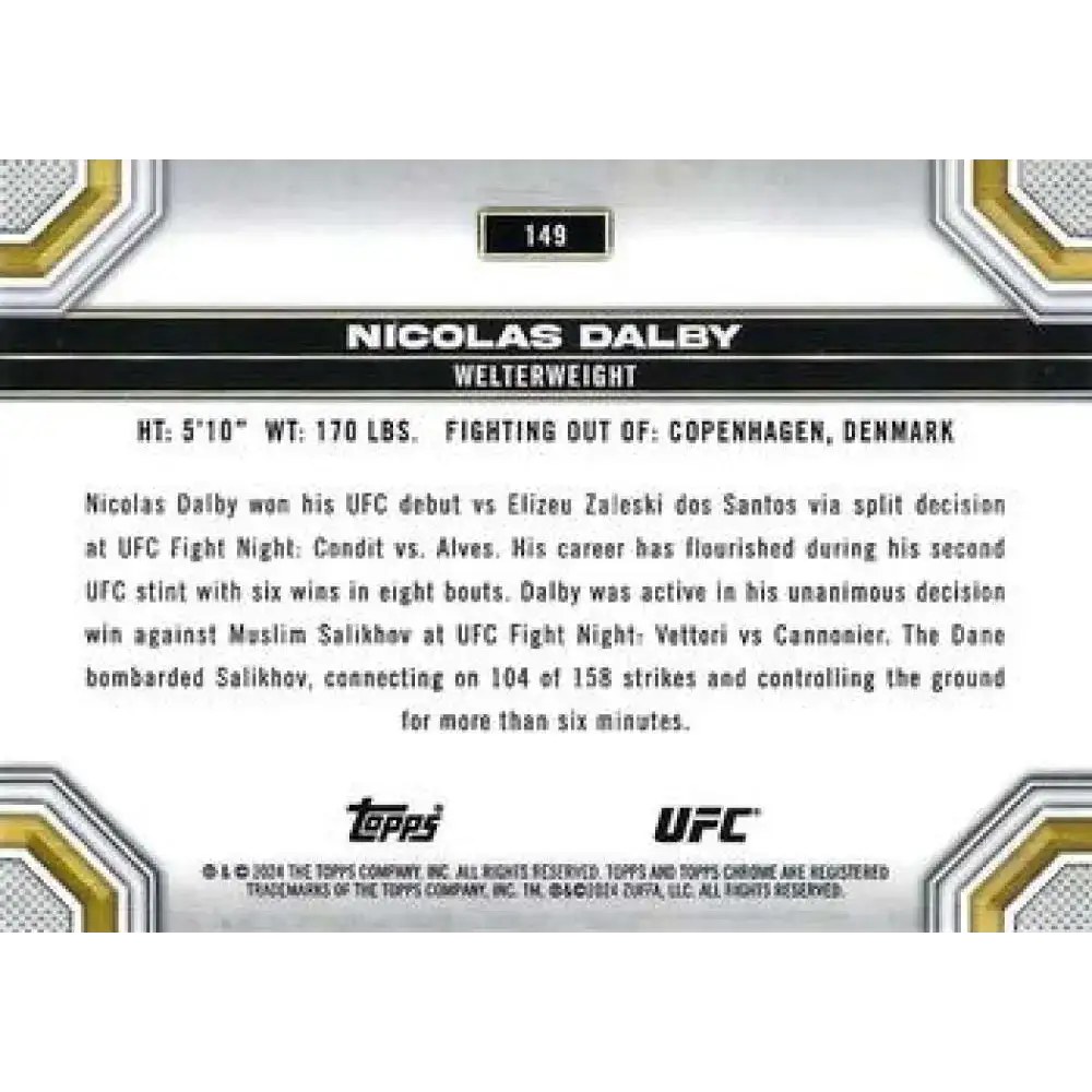 2024 Topps Chrome UFC #149 Nicolas Dalby NM-MT RC Rookie MMA Card - UFC/MMA Card Single