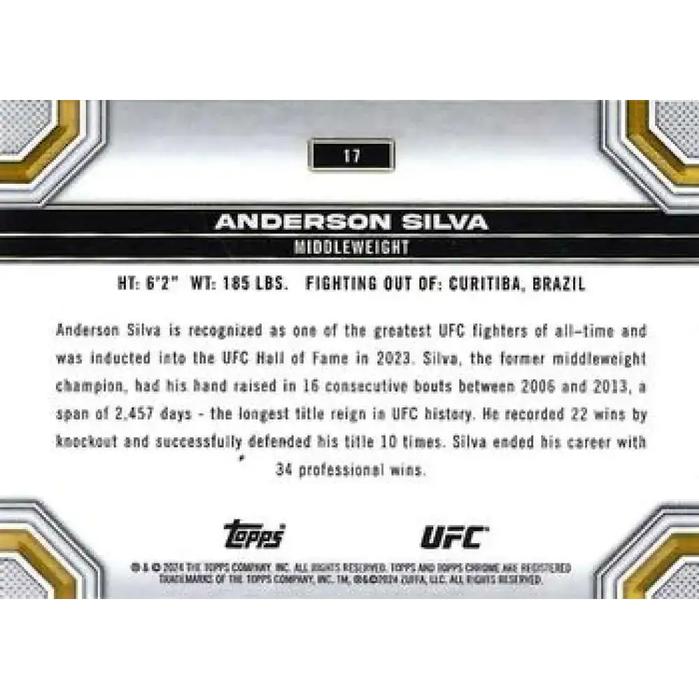 2024 Topps Chrome UFC #17 Anderson Silva NM-MT MMA Card - UFC/MMA Card Single