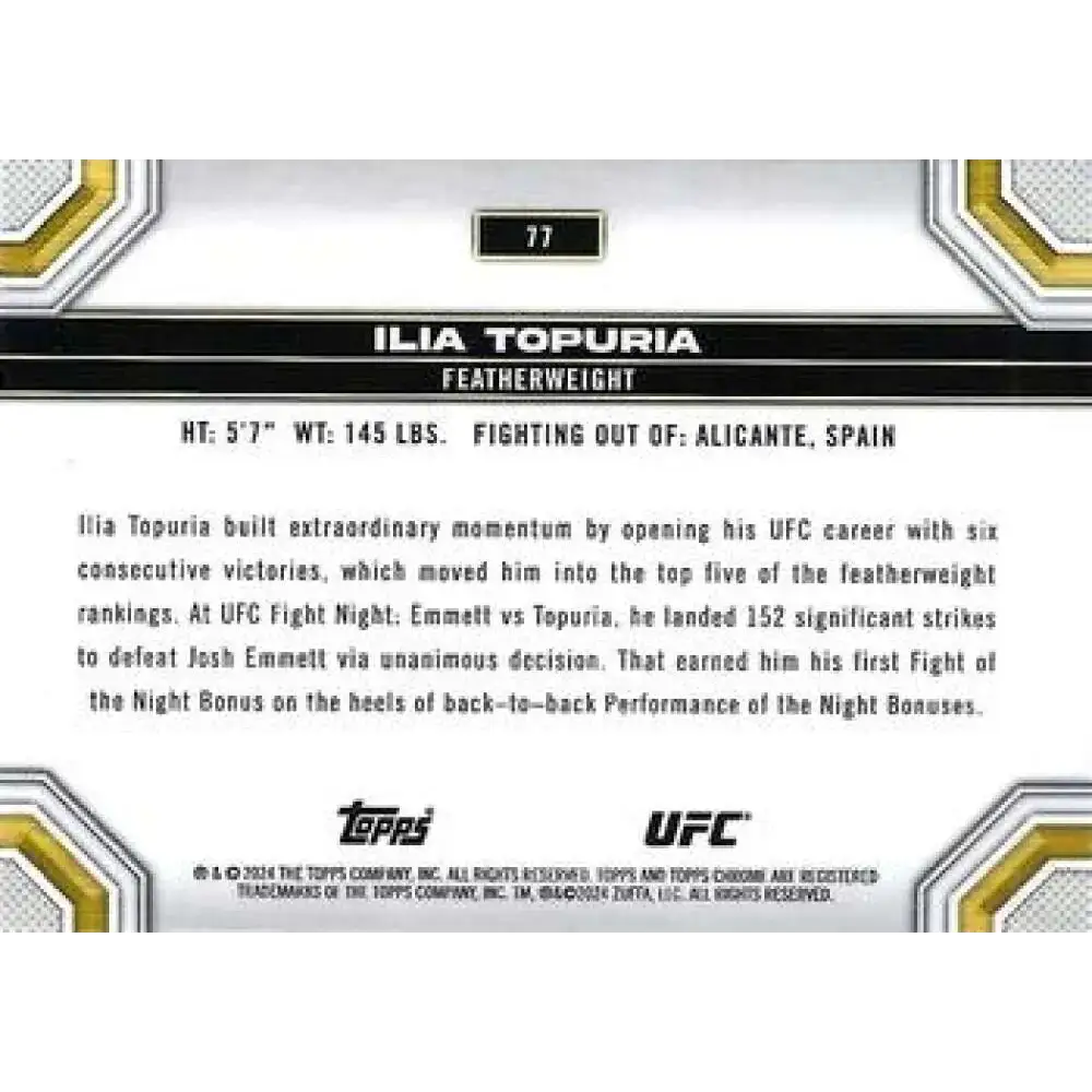 2024 Topps Chrome UFC #77 Ilia Topuria NM-MT MMA Card - UFC/MMA Card Single