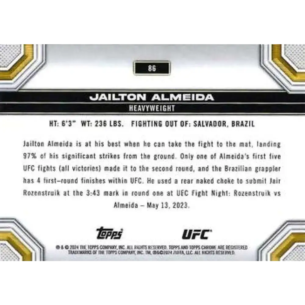 2024 Topps Chrome UFC #86 Jailton Almeida NM-MT MMA Card - UFC/MMA Card Single