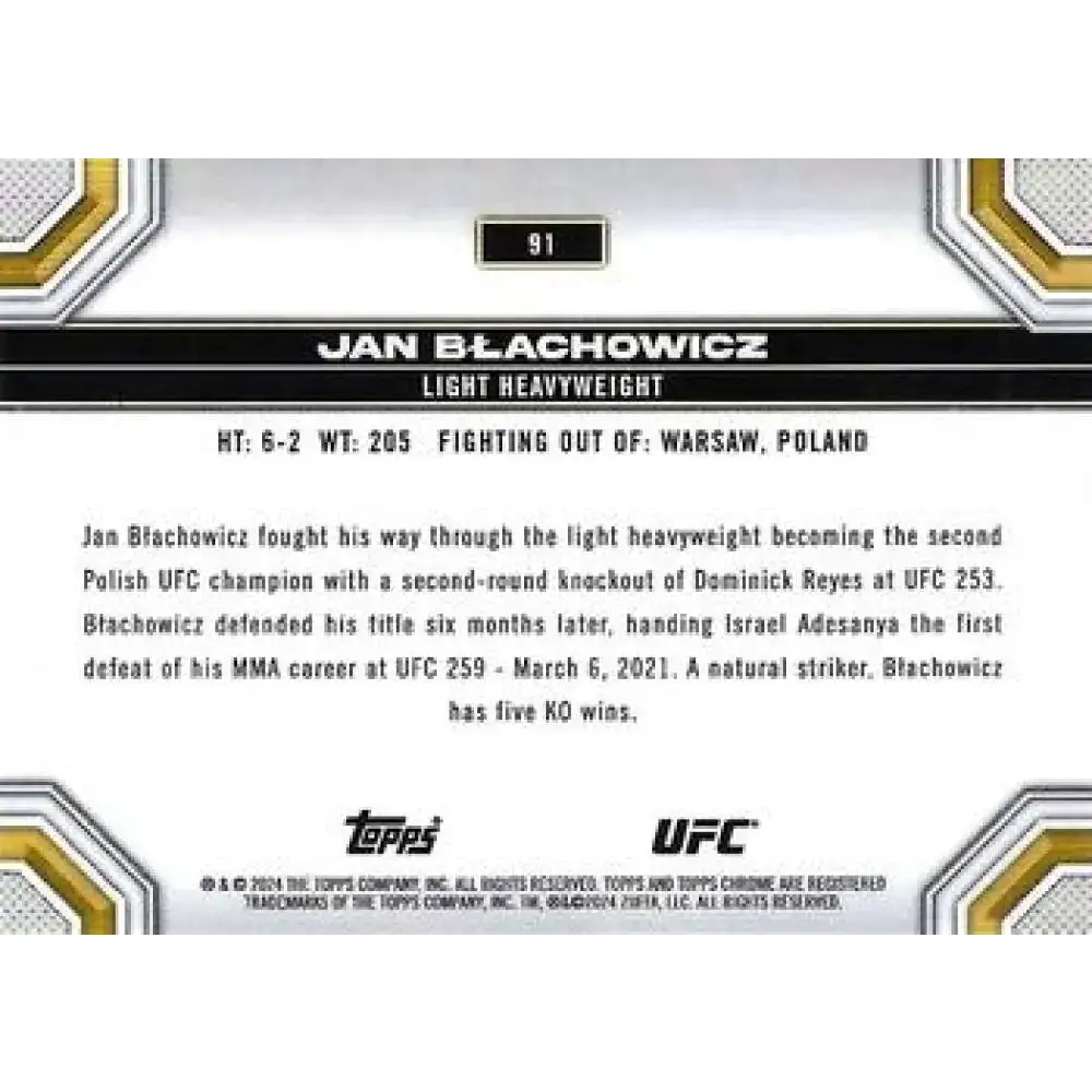 2024 Topps Chrome UFC #91 Jan Blachowicz NM-MT MMA Card - UFC/MMA Card Single