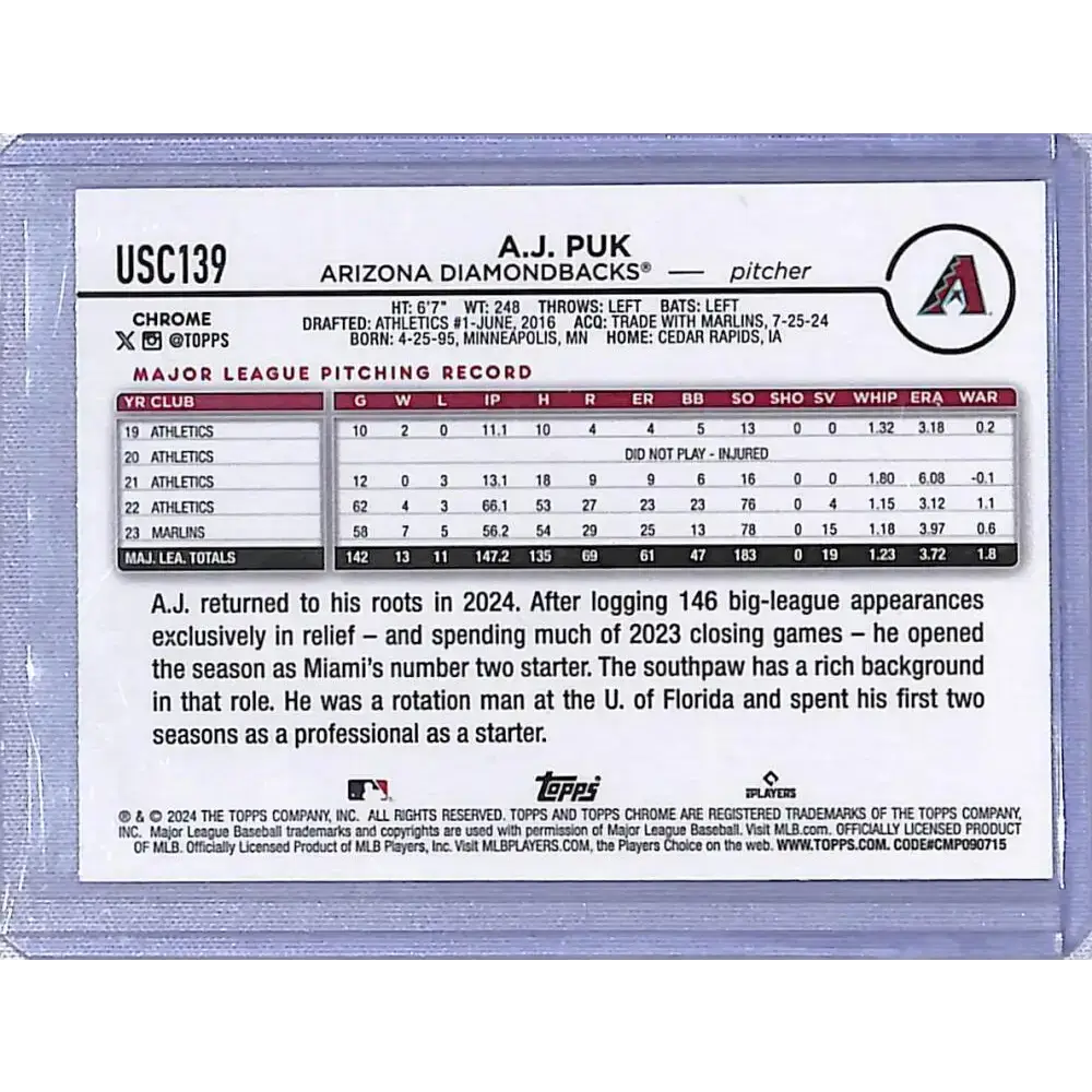 2024 Topps Chrome Update Refractor Magenta #USC139 A.J. Puk NM-MT 203/399 Arizona Diamondbacks - Baseball Card Single