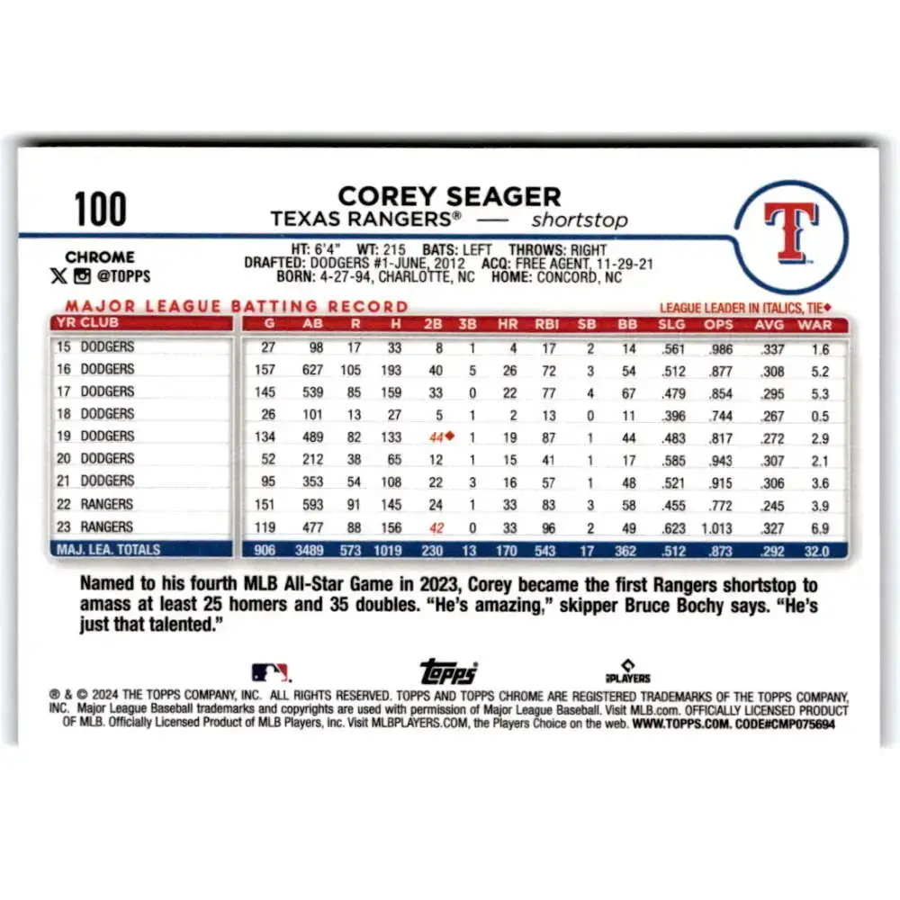 2024 Topps Chrome X-Fractor #100 Corey Seager NM-MT Texas Rangers Baseball Card - Baseball Card Single