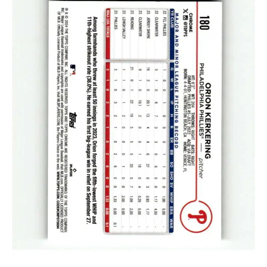 2024 Topps Chrome X-Fractor #180 Orion Kerkering NM-MT RC Rookie Philadelphia Phillies Baseball Card