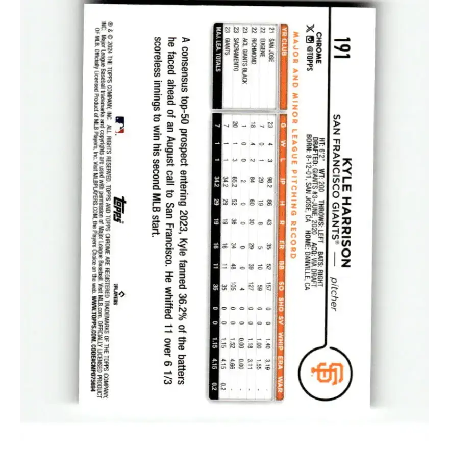 2024 Topps Chrome X-Fractor #191 Kyle Harrison NM-MT RC Rookie San Francisco Giants Baseball Card