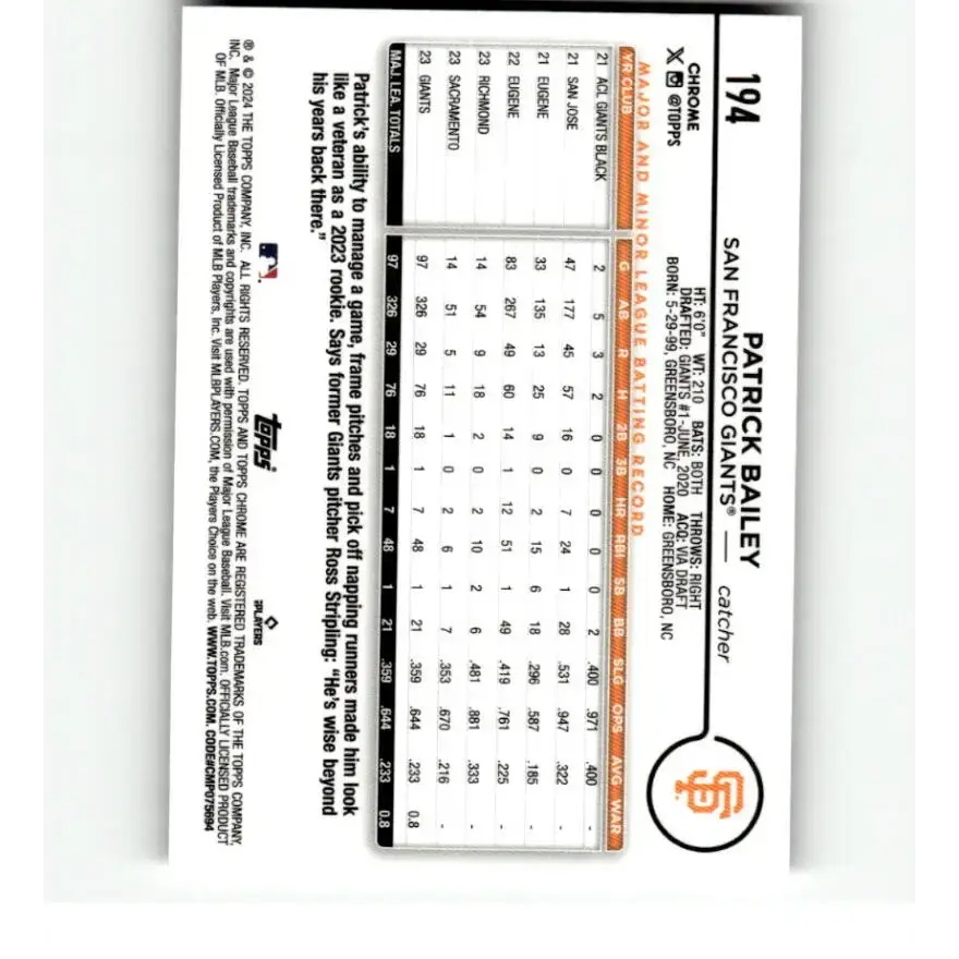 2024 Topps Chrome X-Fractor #194 Patrick Bailey NM-MT San Francisco Giants Baseball Card