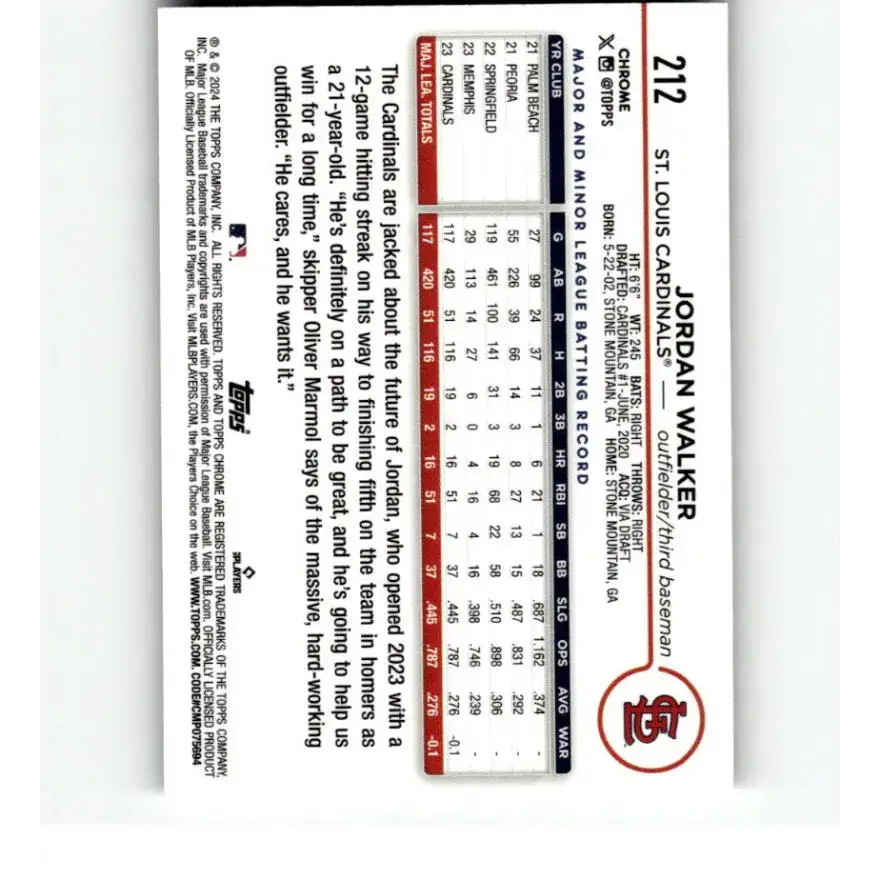 2024 Topps Chrome X-Fractor #212 Jordan Walker NM-MT St Louis Cardinals Baseball Card