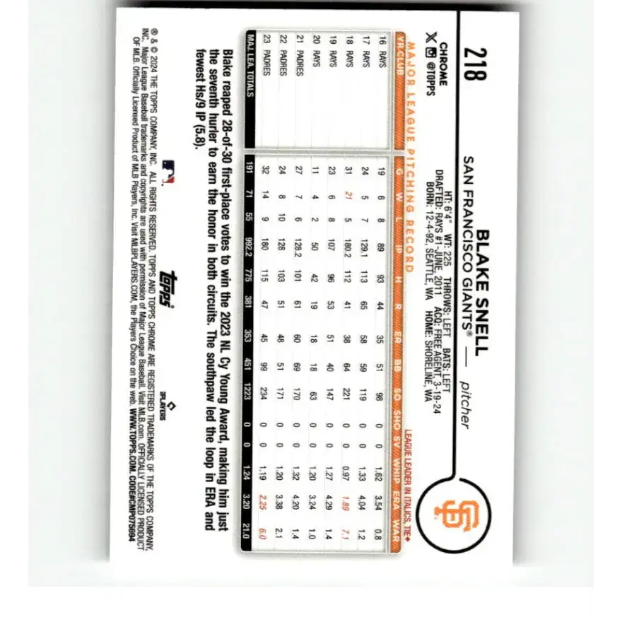 2024 Topps Chrome X-Fractor #218 Blake Snell NM-MT San Francisco Giants Baseball Card