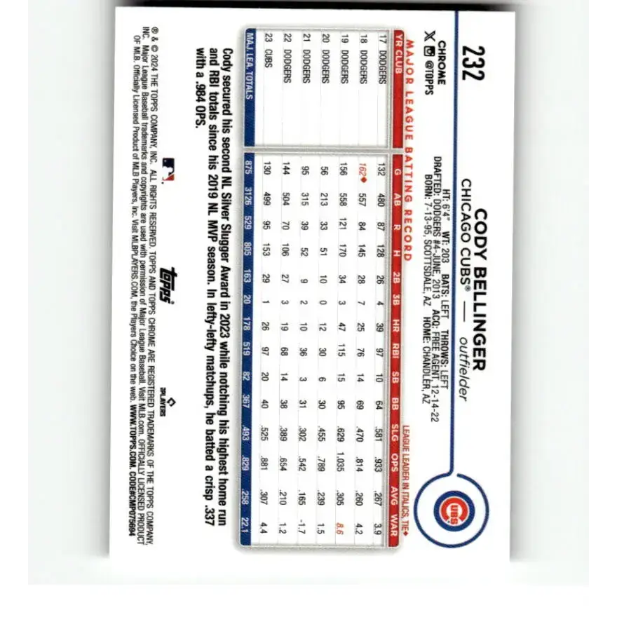 2024 Topps Chrome X-Fractor #232 Cody Bellinger NM-MT Chicago Cubs Baseball Card