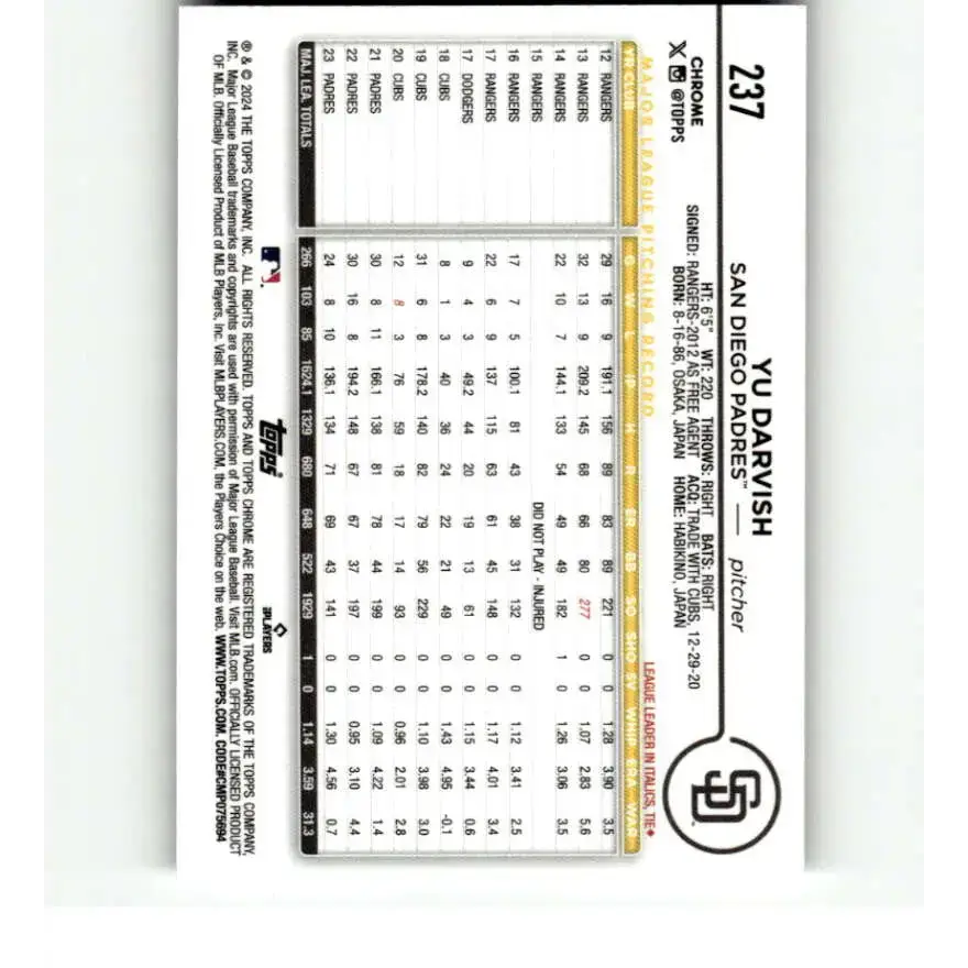 2024 Topps Chrome X-Fractor #237 Yu Darvish NM-MT San Diego Padres Baseball Card