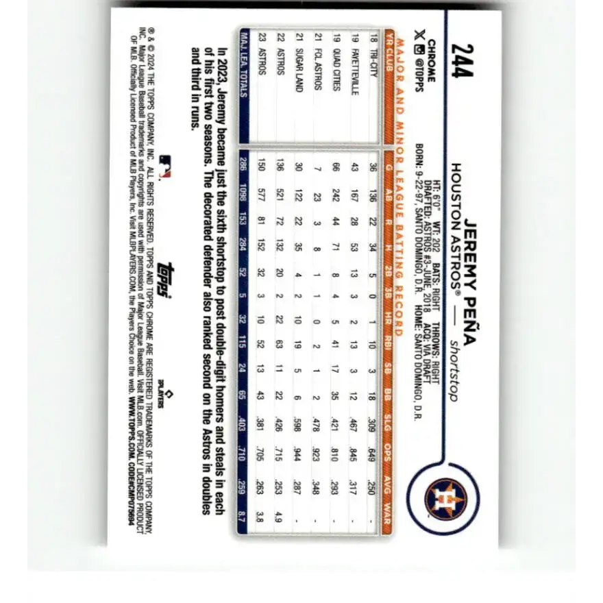 2024 Topps Chrome X-Fractor #244 Jeremy Pena NM-MT Houston Astros Baseball Card - Baseball Card Single