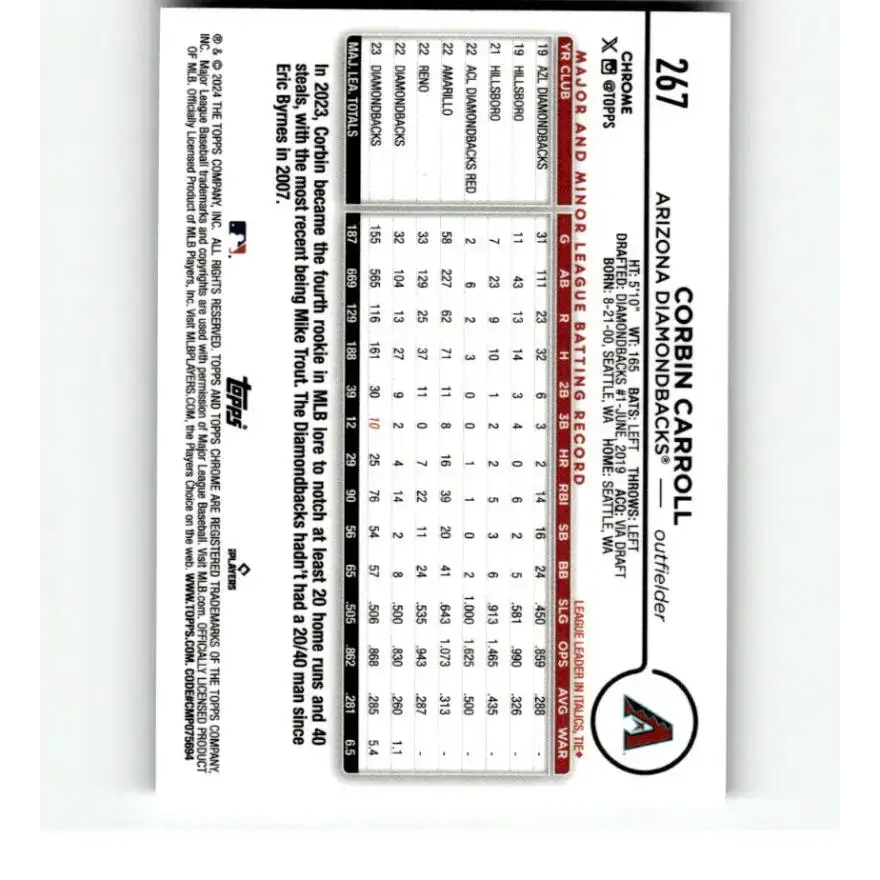 2024 Topps Chrome X-Fractor #267 Corbin Carroll NM-MT Arizona Diamondbacks Baseball Card