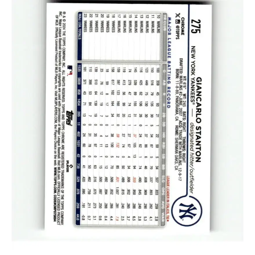 2024 Topps Chrome X-Fractor #275 Giancarlo Stanton NM-MT New York Yankees Baseball Card