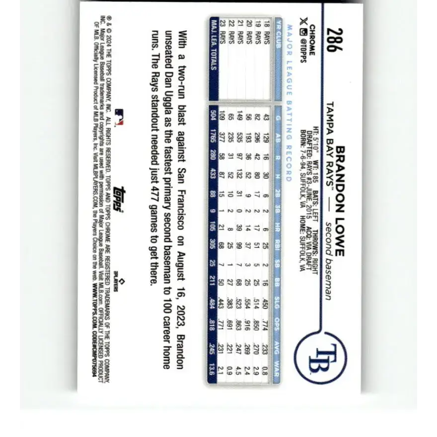 2024 Topps Chrome X-Fractor #286 Brandon Lowe NM-MT Tampa Bay Rays Baseball Card