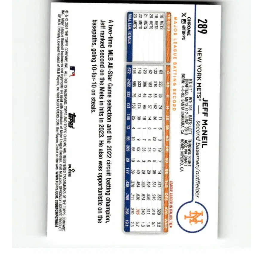 2024 Topps Chrome X-Fractor #289 Jeff McNeil NM-MT New York Mets Baseball Card