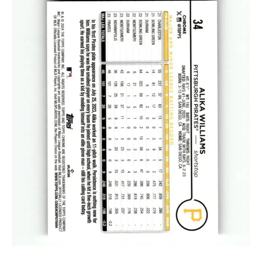 2024 Topps Chrome X-Fractor #34 Alika Williams NM-MT RC Rookie Pittsburgh Pirates Baseball Card