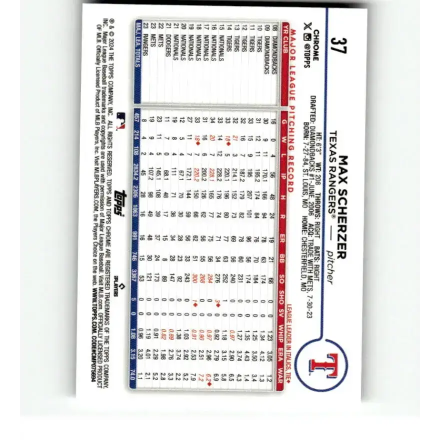 2024 Topps Chrome X-Fractor #37 Max Scherzer NM-MT Texas Rangers Baseball Card