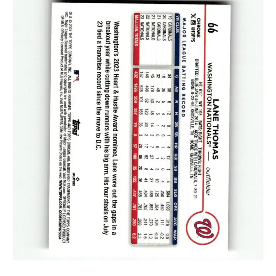 2024 Topps Chrome X-Fractor #66 Lane Thomas NM-MT Washington Nationals Baseball Card