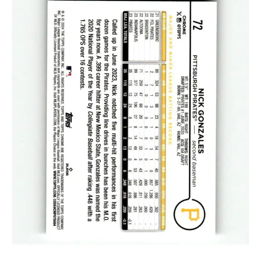 2024 Topps Chrome X-Fractor #72 Nick Gonzales NM-MT RC Rookie Pittsburgh Pirates Baseball Card