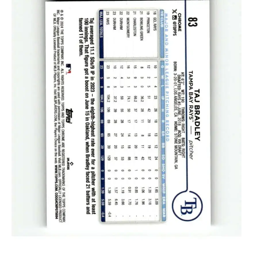 2024 Topps Chrome X-Fractor #83 Taj Bradley NM-MT Tampa Bay Rays Baseball Card