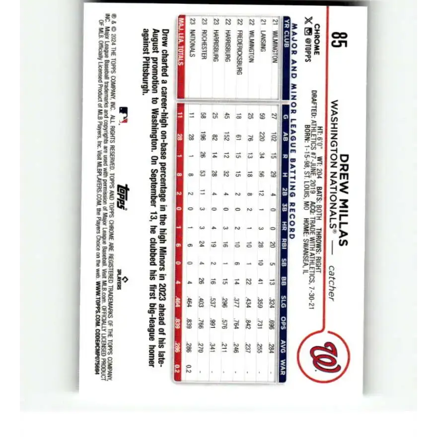 2024 Topps Chrome X-Fractor #85 Drew Millas NM-MT RC Rookie Washington Nationals Baseball Card