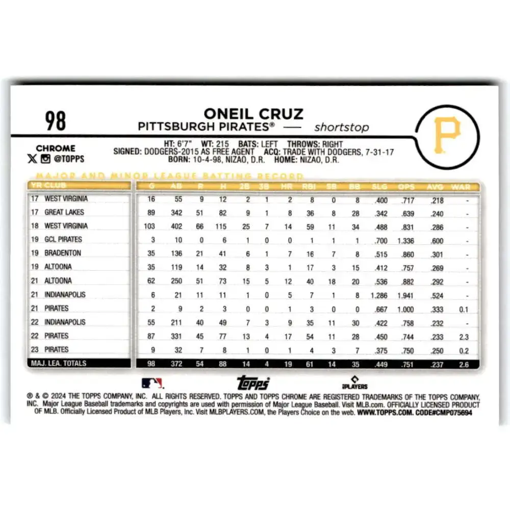 2024 Topps Chrome X-Fractor #98 Oneil Cruz NM-MT Pittsburgh Pirates Baseball Card - Baseball Card Single