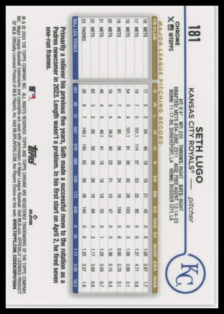 2024 Topps Chrome - X-Fractors Seth Lugo 181 Kansas City Royals Baseball NM - Baseball Card Single