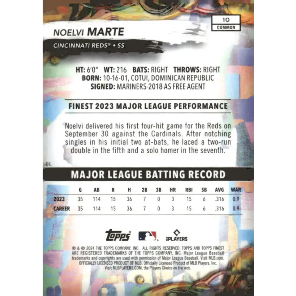 2024 Topps Finest #10 Noelvi Marte NM-MT RC Rookie Cincinnati Reds Baseball Card - Baseball Card Single