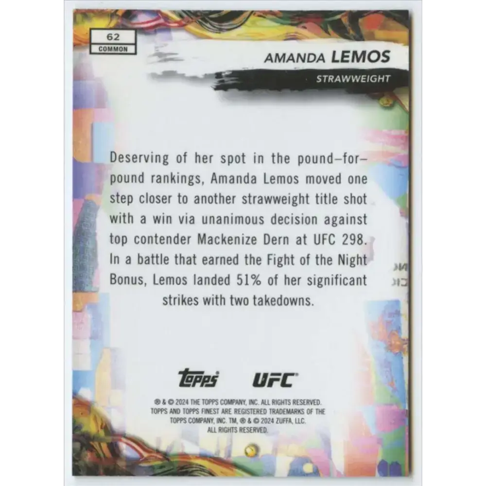 2024 Topps Finest UFC #62 Amanda Lemos NM-MT Strawweight Women MMA Card - UFC/MMA Card Single