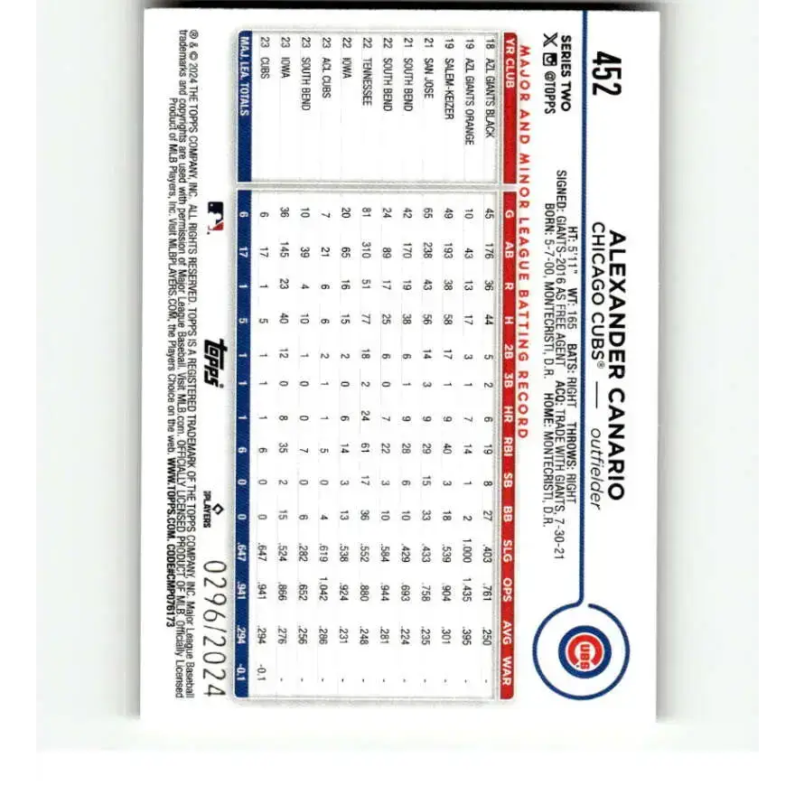 2024 Topps Gold #452 Alexander Canario NM-MT RC Rookie /2024 Chicago Cubs Baseball Card - Baseball Card Single