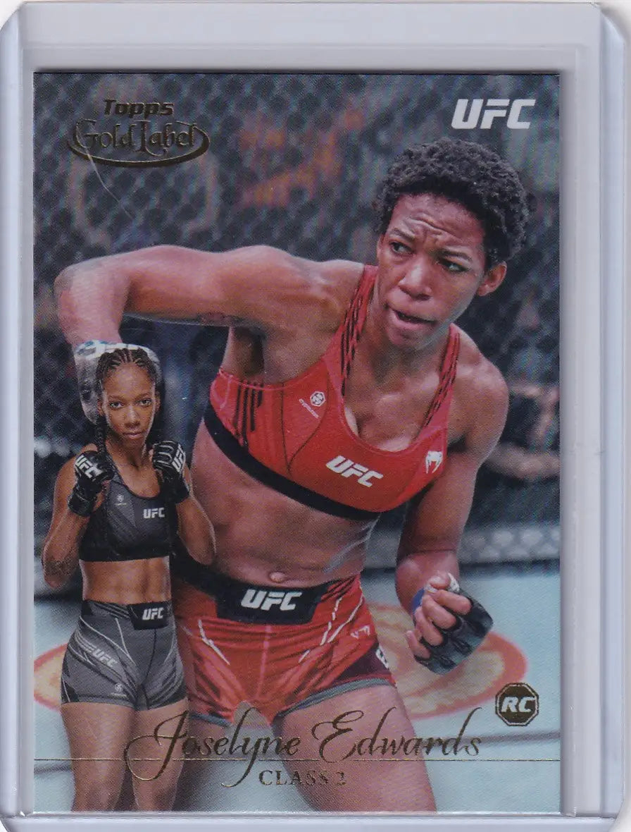 UFC trading card of Joselyne Edwards Rookie in red gear from Topps Gold Label Class 2