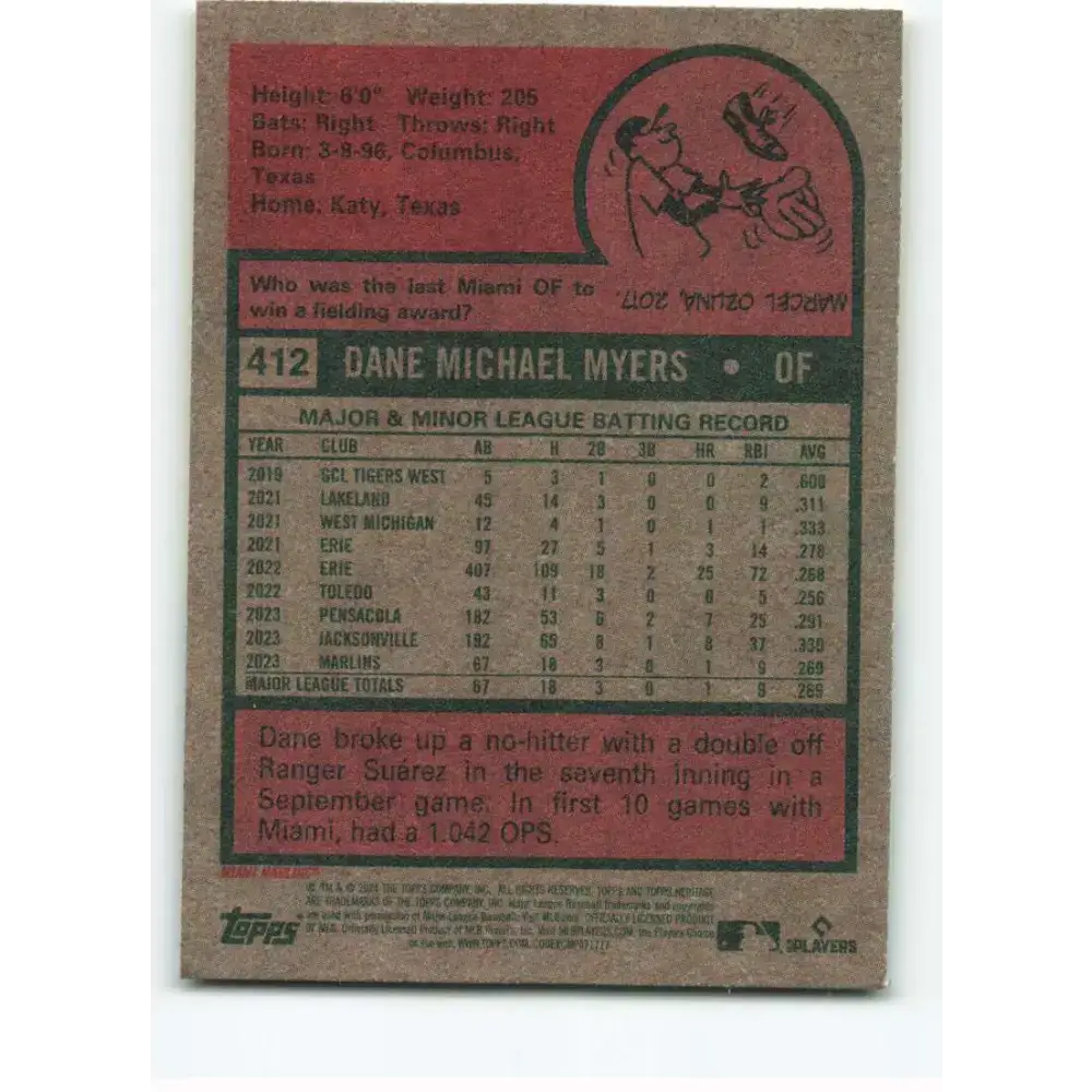 2024 Topps Heritage #412 Dane Myers NM-MT RC Rookie Miami Marlins Baseball Card - Baseball Card Single