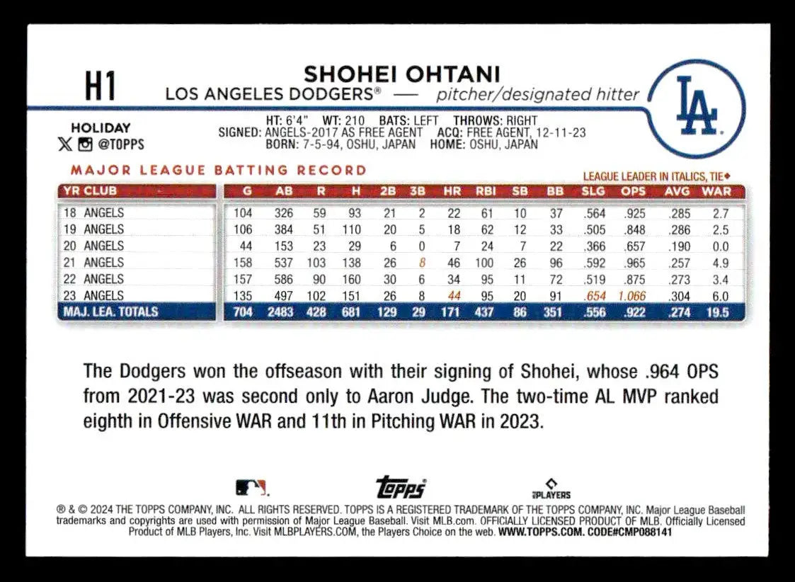 Baseball card of Shohei Ohtani from 2024 Topps Holiday Los Angeles Dodgers collection