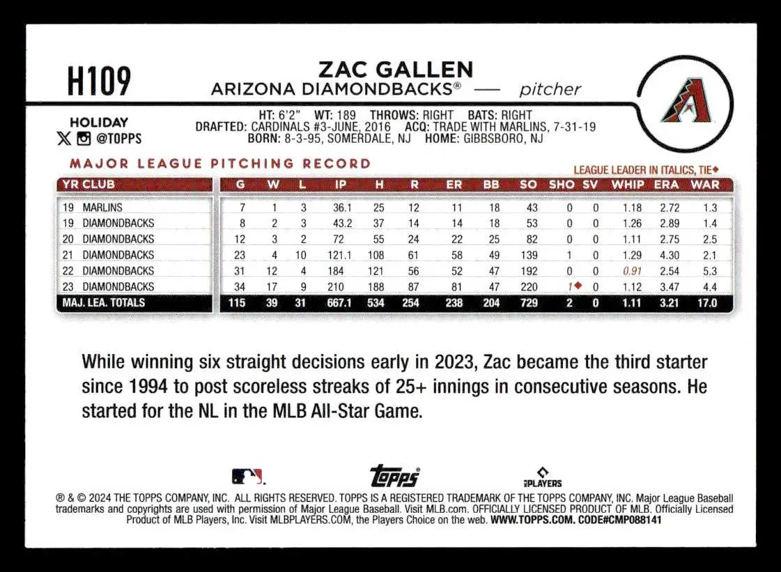 2024 Topps Holiday #H109 Zac Gallen - Baseball Card Single