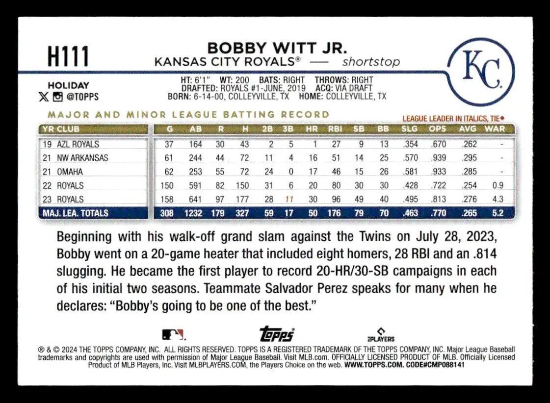 2024 Topps Holiday #H111 Bobby Witt Jr. - Baseball Card Single