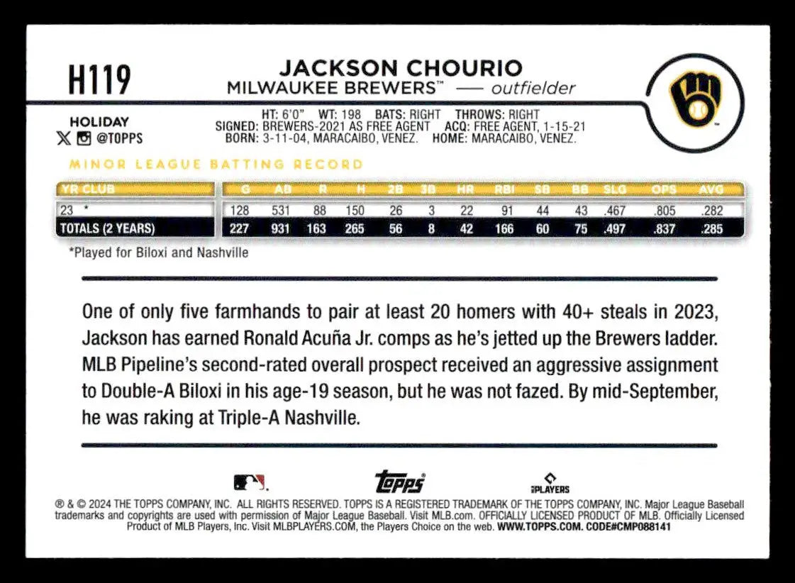 2024 Topps Holiday #H119 Jackson Chourio - Baseball Card Single