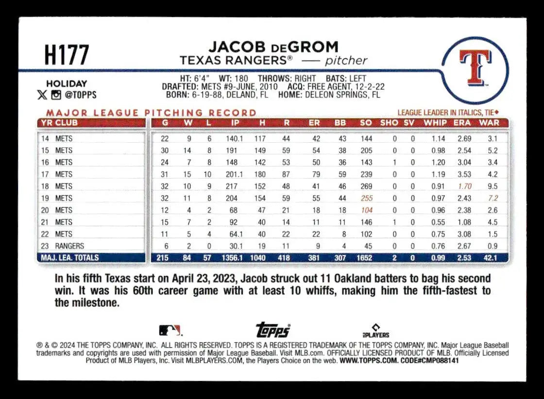 2024 Topps Holiday #H177 Jacob deGrom - Baseball Card Single