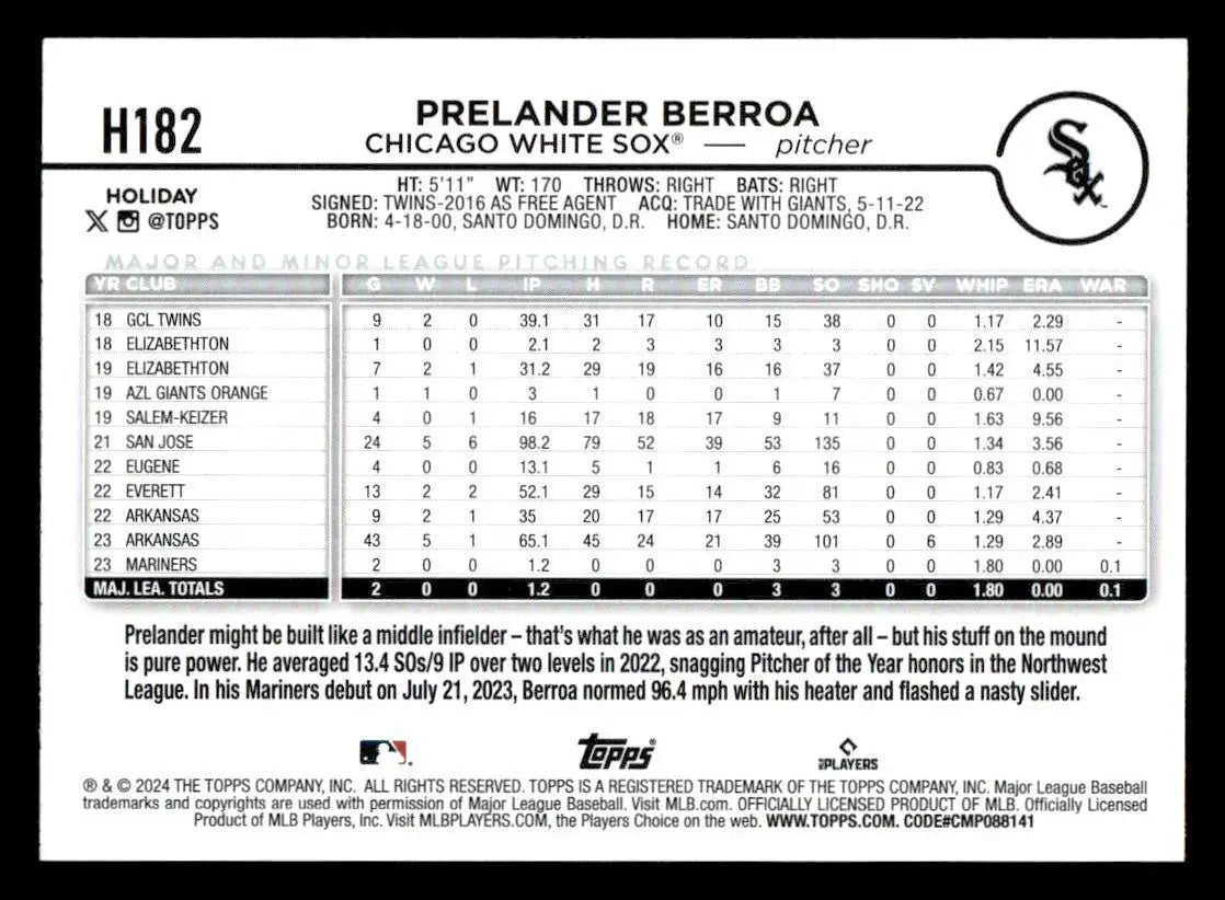 2024 Topps Holiday #H182 Prelander Berroa - Baseball Card Single