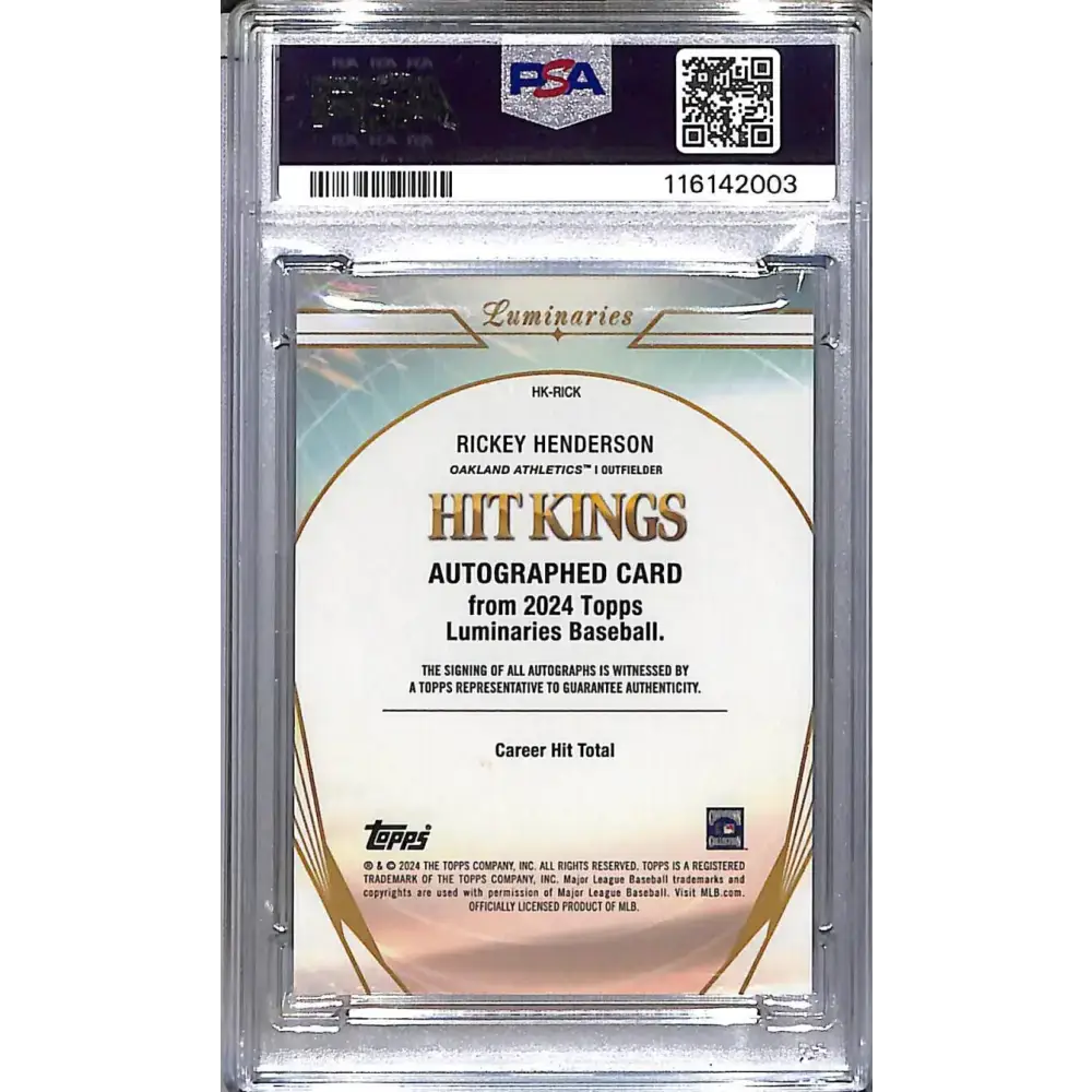 2024 Topps Luminaries Hit Kings #HK-RICK Rickey Henderson PSA 10 GEM MINT Auto 23/25 Oakland Athletics - Baseball Card
